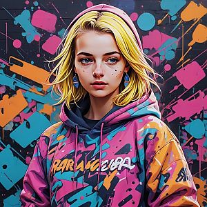 Young Woman in Colorful Hoodie Against Graffiti Wall
