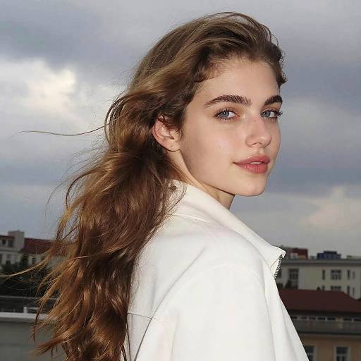 Portrait of Young Woman with Long Wavy Hair in White Jacket Outdoors
