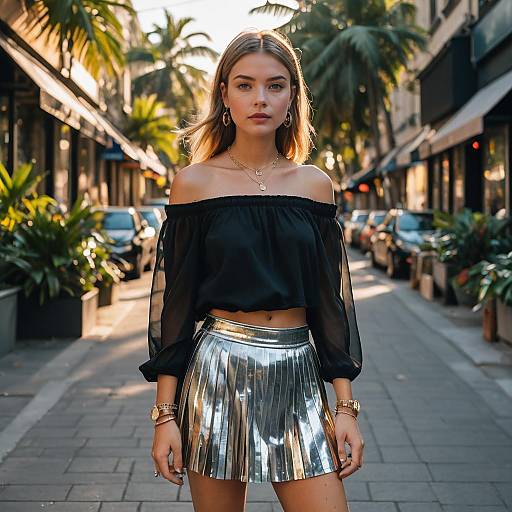 Fashionable Woman Wearing Metallic Skirt on Palm-Lined Urban Street