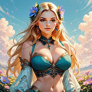 Fantasy Illustration of Blonde Woman in Blue Ornate Costume with Floral Accessories