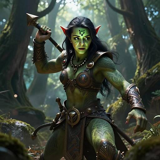 Fantasy Female Orc Warrior in Forest with Mace Weapon