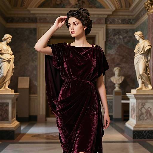Elegant Woman in Burgundy Velvet Gown in Classical Museum Setting