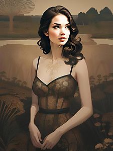 Thoughtful Woman in Elegant Brown Dress