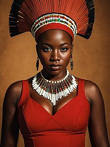 Close-up of Zulu Woman in Traditional Red Dress and Beaded Headpiece