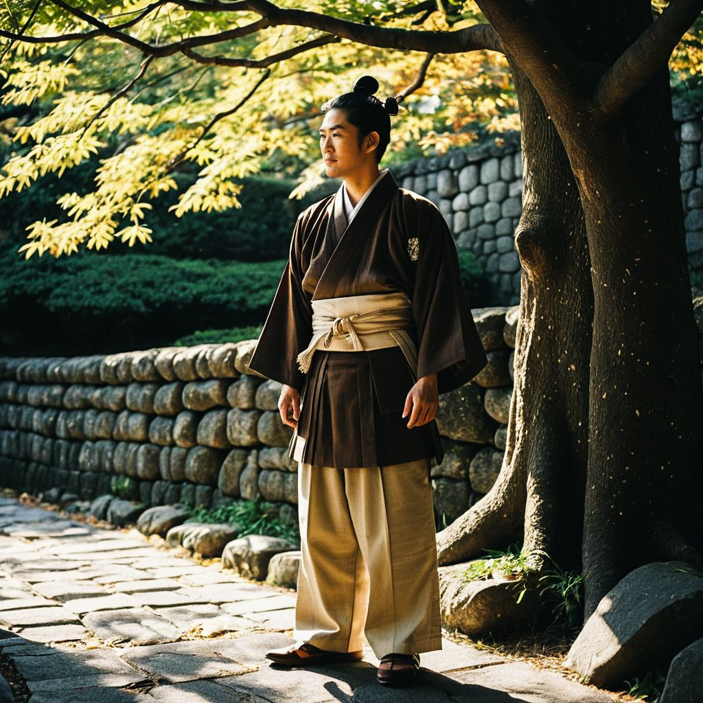 Man in Traditional Japanese Attire on Stone Pathway
