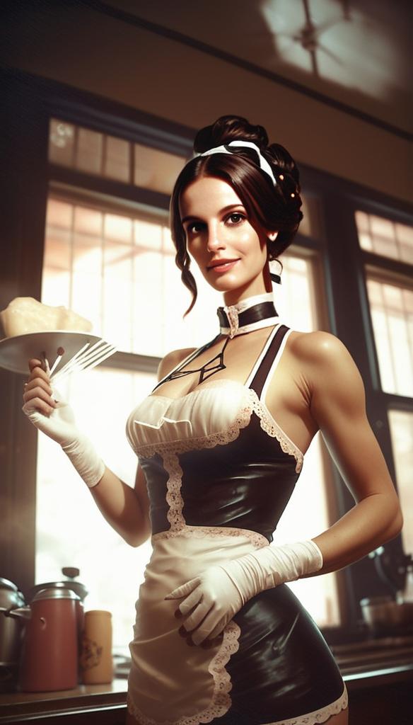 Elegant Woman in Vintage French Maid Outfit in Warm Kitchen Light Elegant Woman in Vintage French Maid Outfit in Warm Kitchen Light
