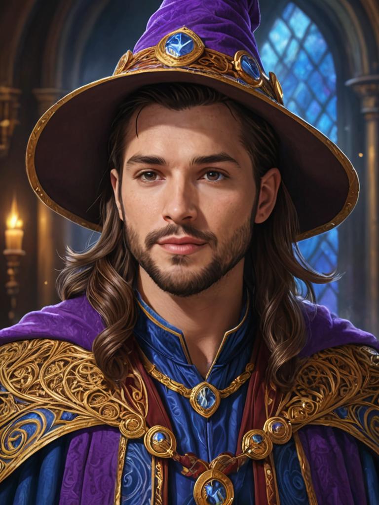 Wizard Portrait with Purple Hat and Cloak