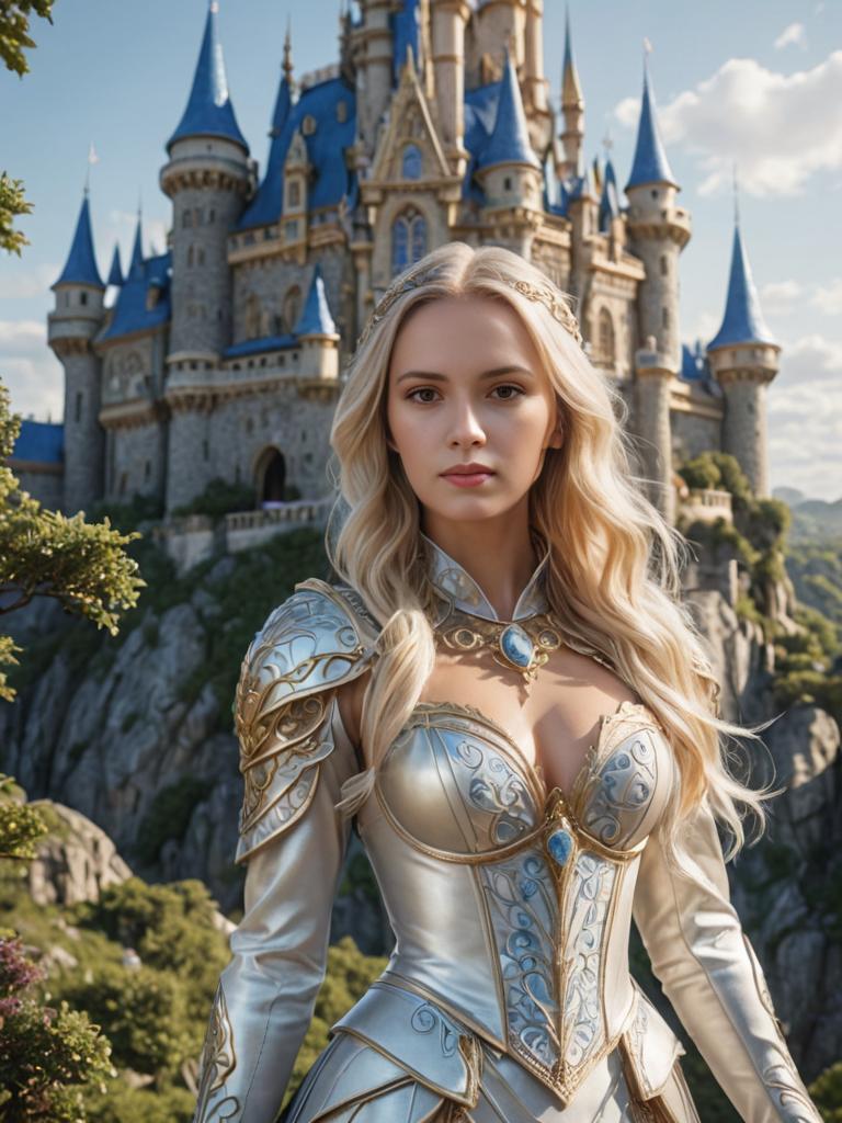 Blonde Woman in Medieval Armor before Fantasy Kingdom