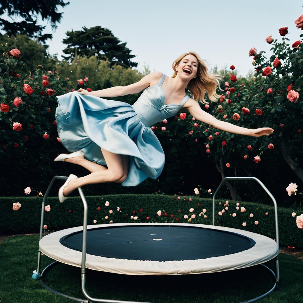 Joyful Woman Jumping on Trampoline in Rose Garden Wearing Blue Dress