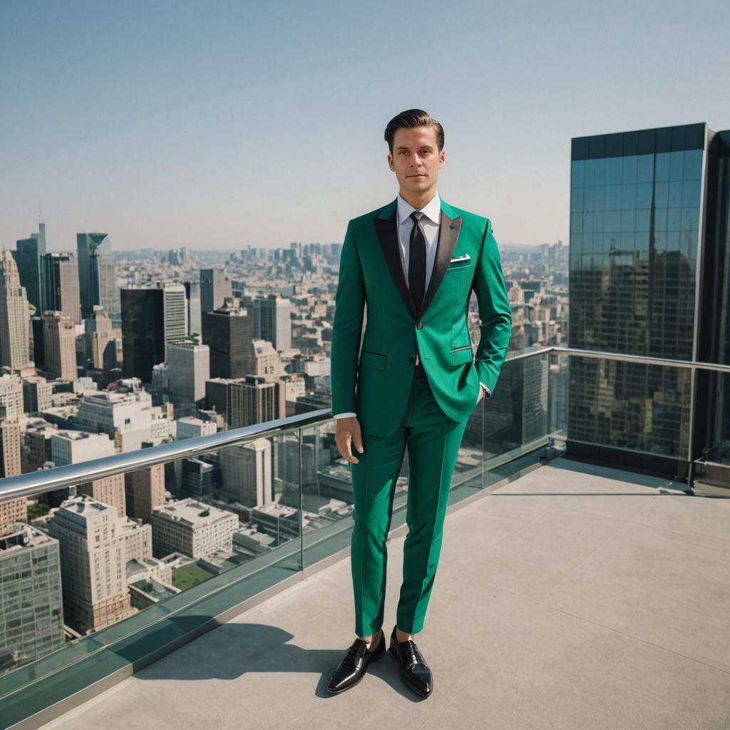 Man in Green Suit on Skyscraper Observation Deck