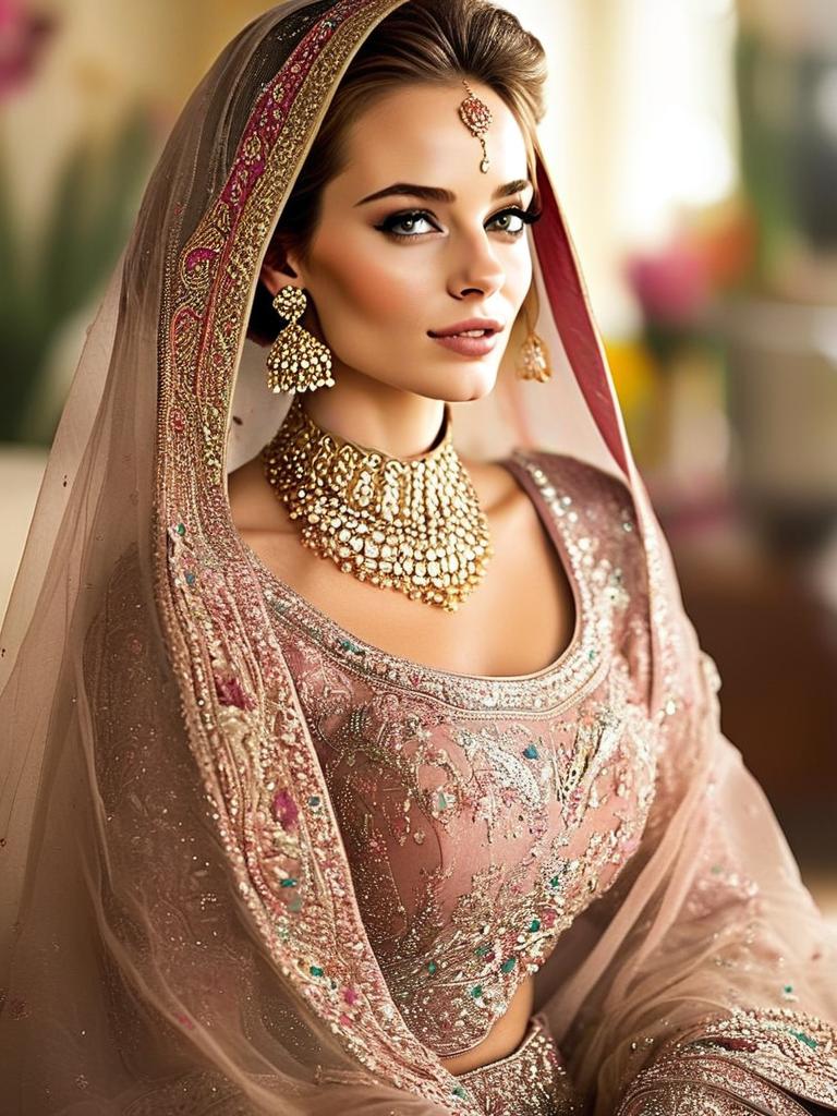 Beautiful South Asian Bridal Woman in Embroidered Traditional Outfit and Gold Jewelry