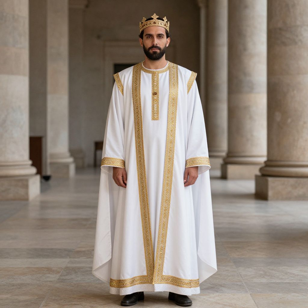 Regal Man in Ornate White and Gold Traditional Robe with Crown in Columned Hall