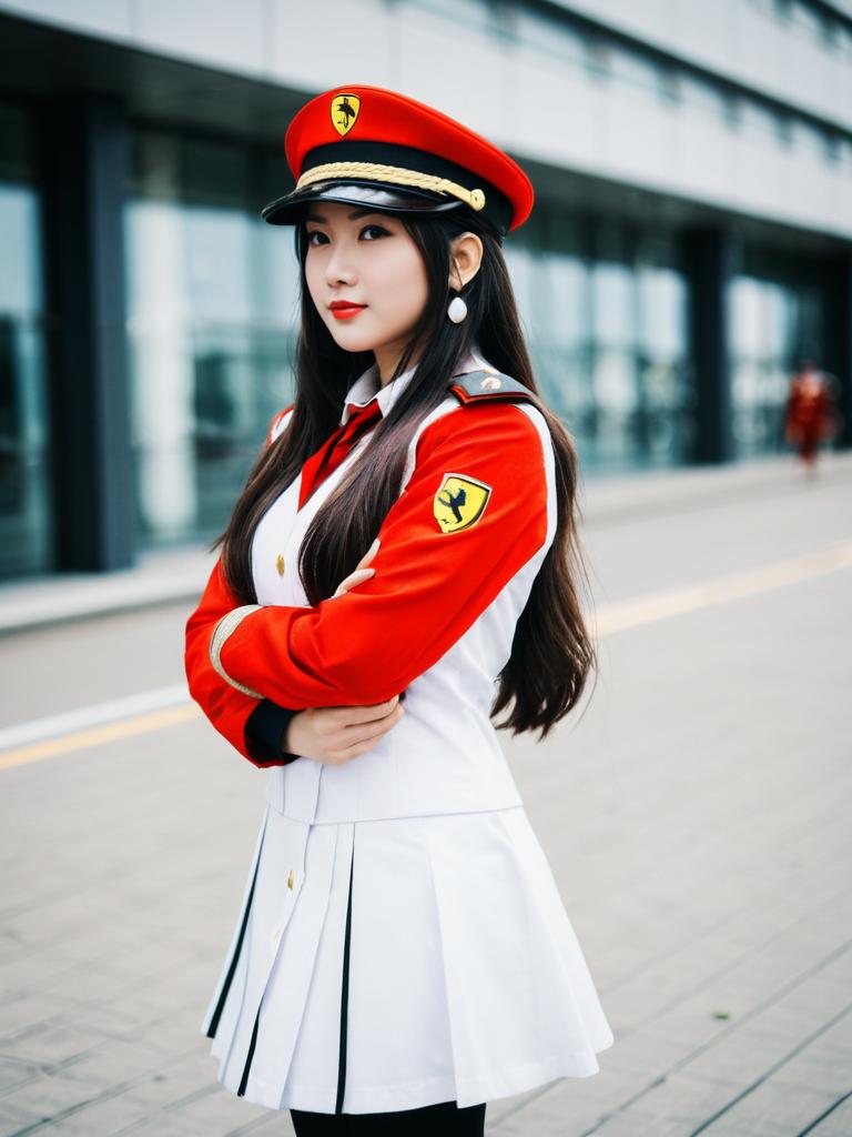 Woman in Ferrari-Inspired Red and White Uniform Outfit Outdoor Portrait