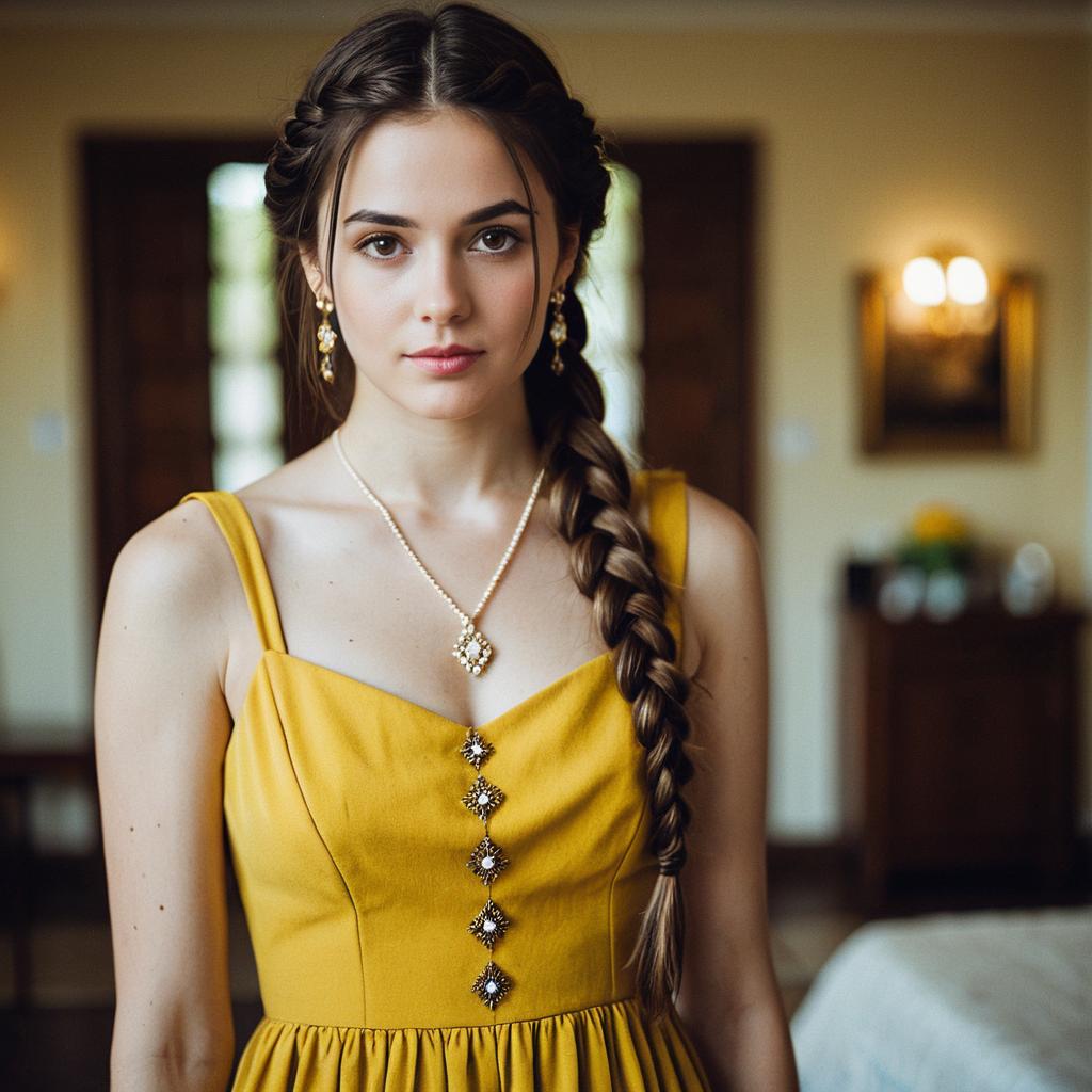 Elegant Woman in Mustard Yellow Gown