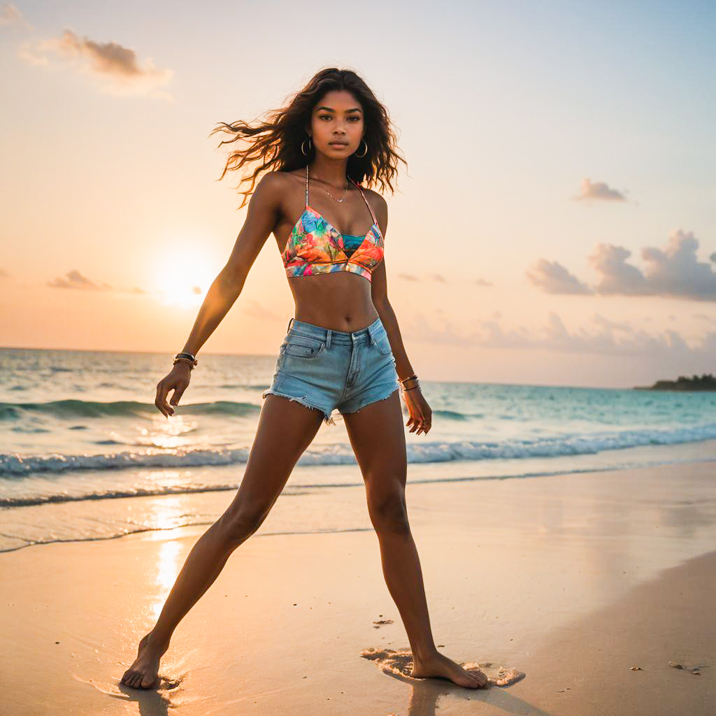 Confident Woman at Sunset Beach