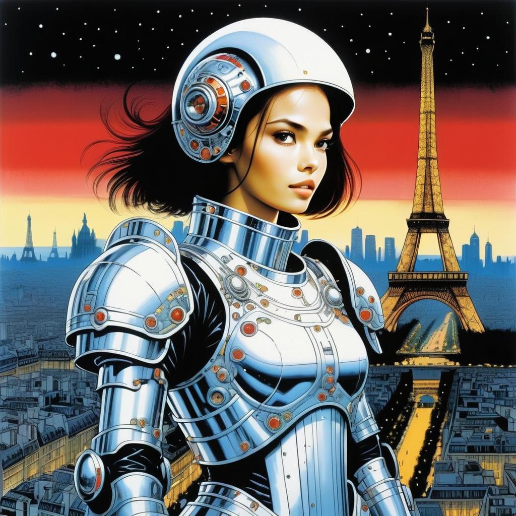 Futuristic Woman in Robotic Suit at Sunset Over Paris Futuristic Woman in Robotic Suit at Sunset Over Paris