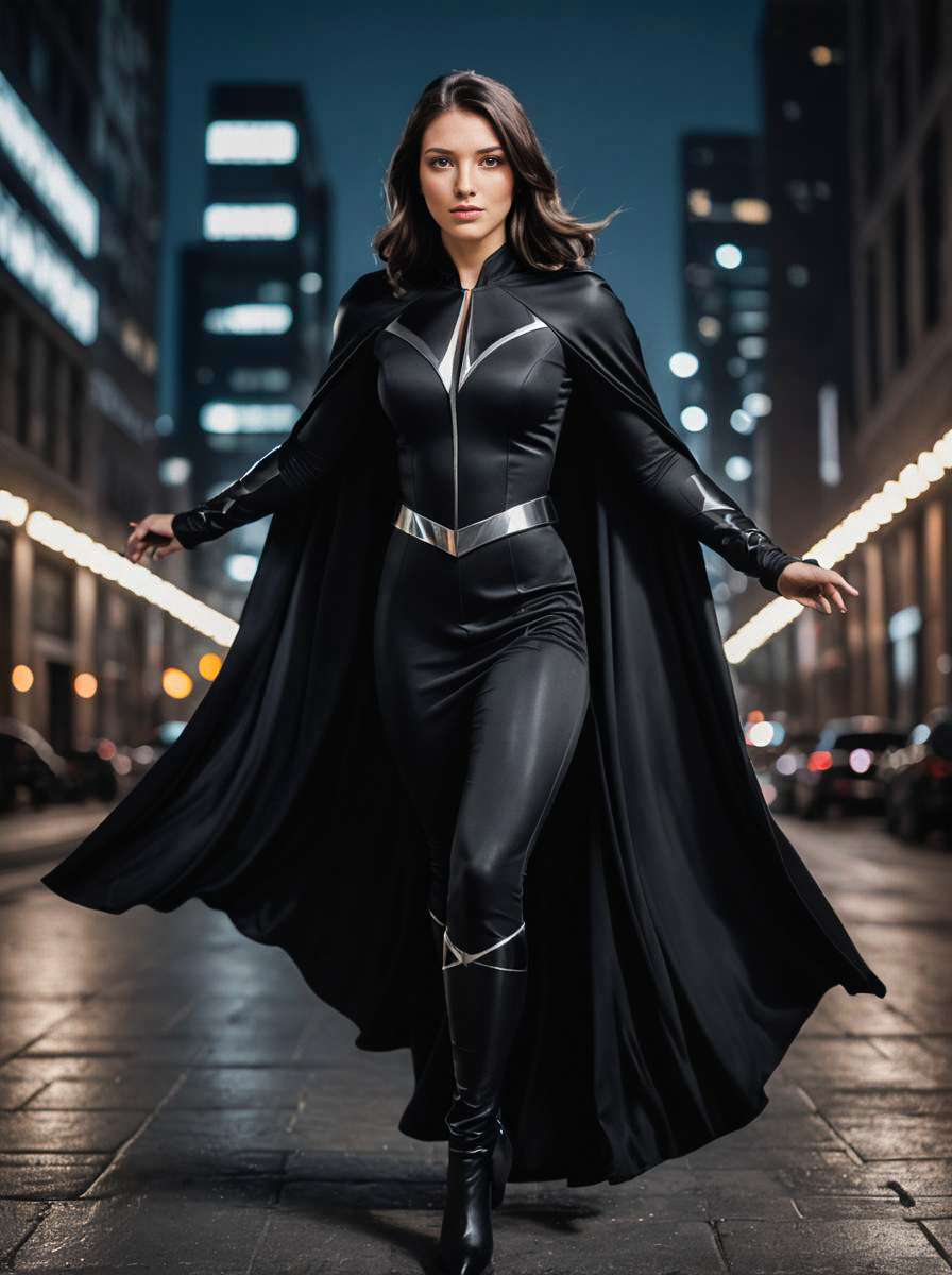 Confident Woman in Black Superhero Costume