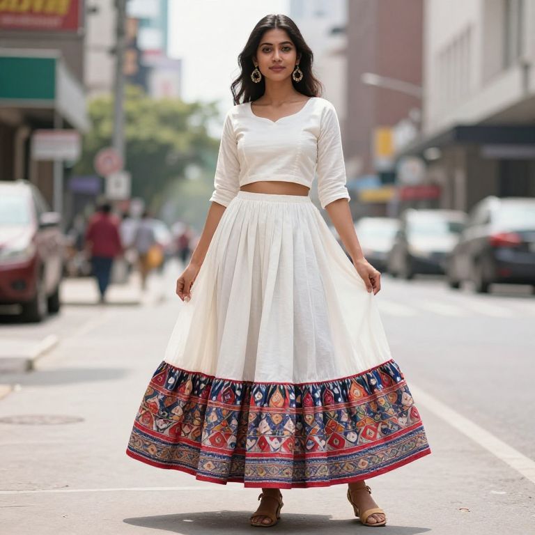 Woman Wearing White Traditional Skirt with Colorful Border on City Street