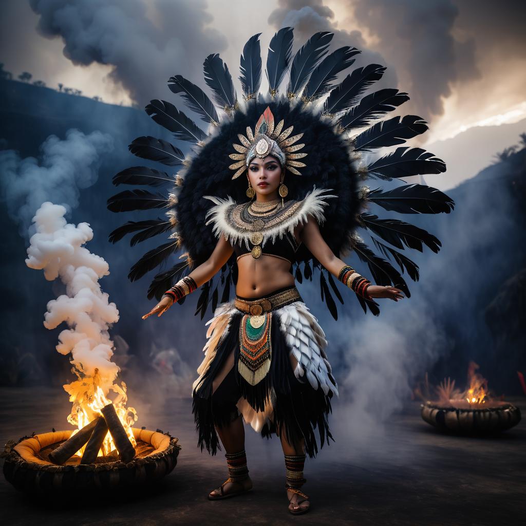 Woman in Feathered Headdress and Traditional Attire