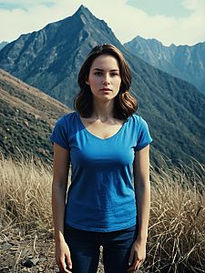 Young Woman in Blue T-Shirt Posing Against Mountainous Landscape Outdoors
