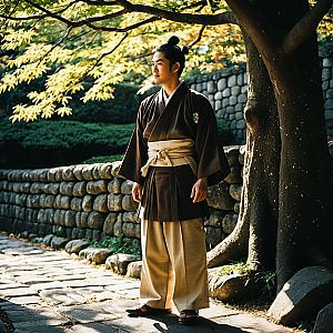 Man in Traditional Japanese Attire on Stone Pathway