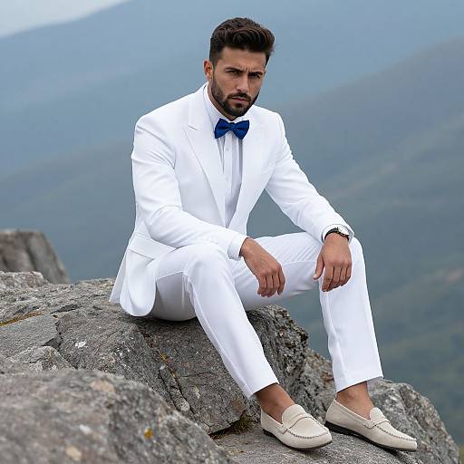 Man in White Suit with Blue Bow Tie Sitting on Mountain Rocks