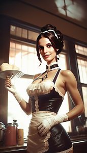 Elegant Woman in Vintage French Maid Outfit in Warm Kitchen Light