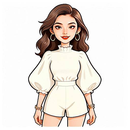 Contemporary Digital Illustration of Woman in White Puff Sleeve Outfit