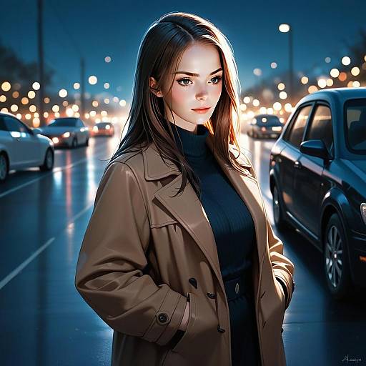 Elegant Woman on Urban Street at Night Digital Illustration