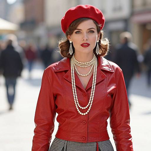 Woman in Red Leather Jacket and Beret with Pearl Necklaces
