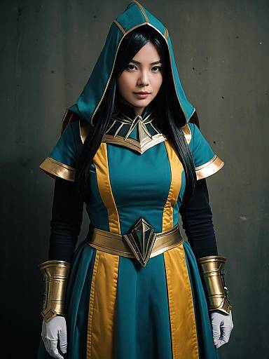 Realistic Narberal Gamma Cosplay Woman Character in Teal and Gold Costume