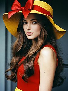 Young Woman Wearing Yellow Hat with Red Bow and Red Dress Portrait