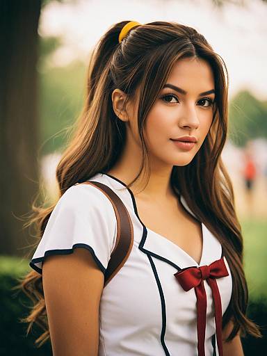 Portrait of Young Woman in White Top with Red Bow and Yellow Hair Accessory