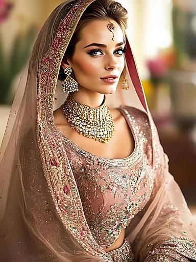 Beautiful South Asian Bridal Woman in Embroidered Traditional Outfit and Gold Jewelry