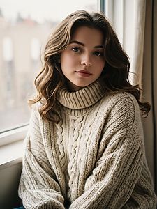 Warm Cozy Portrait of Woman in Cable-Knit Turtleneck Sweater by Window