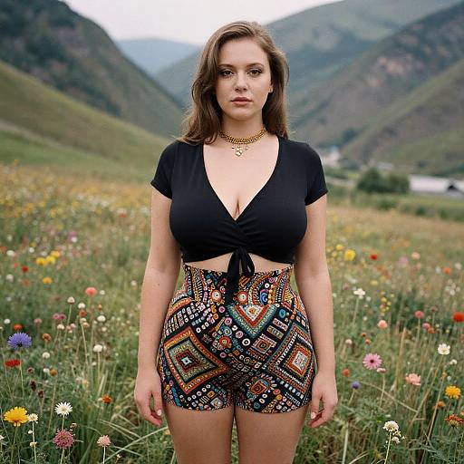 Casual Chic Woman Wearing Black Wrap Top and Colorful Printed Shorts in Meadow