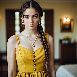 Elegant Woman in Mustard Yellow Gown