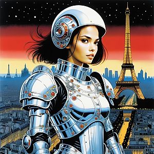 Futuristic Woman in Robotic Suit at Sunset Over Paris