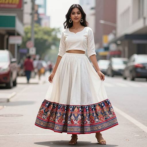 Woman Wearing White Traditional Skirt with Colorful Border on City Street