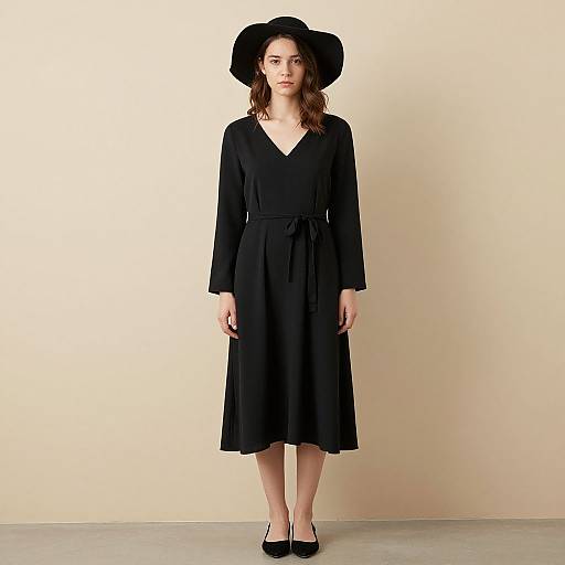 Woman Wearing Black Midi Dress with Waist Tie and Wide-Brimmed Hat