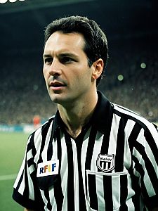 Male Soccer Referee in Classic Striped Uniform on Field