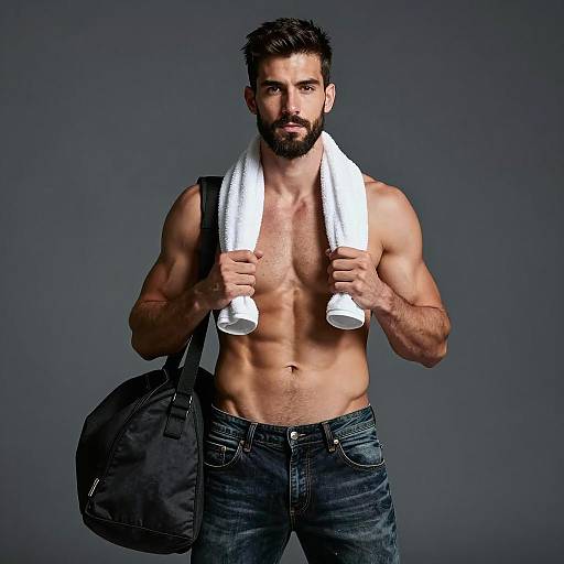 Fit Bearded Man with Gym Bag and Towel on Neutral Background