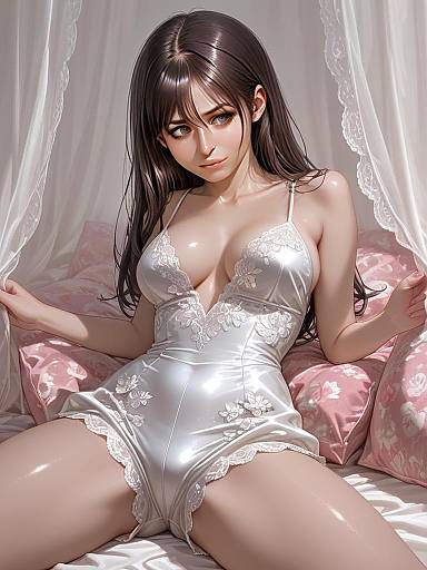 Realistic Woman in Deep Burgundy Lace-Trimmed Satin Romper Sitting on Bed