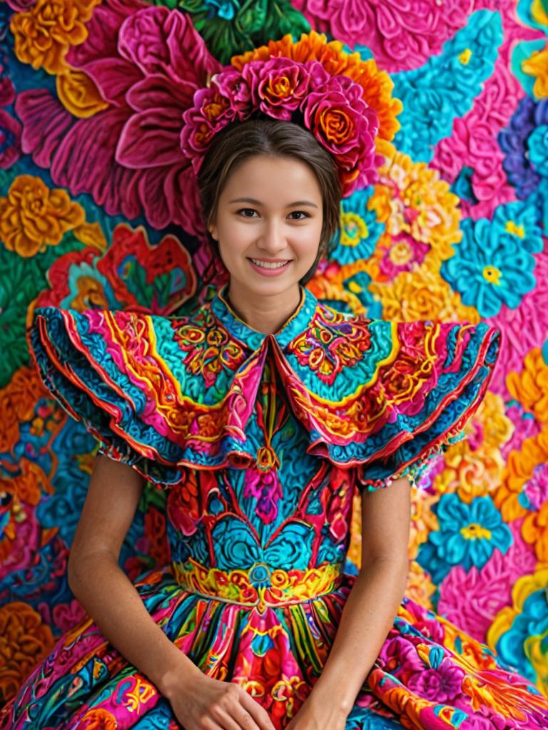 Mexican Woman in Embroidered Dress