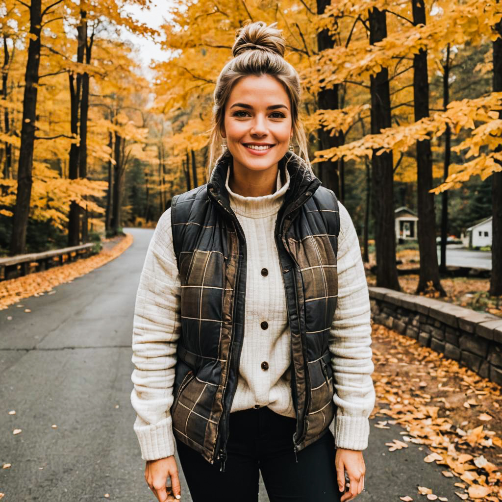 Cheerful Woman in Autumn Fashion on Leafy Road