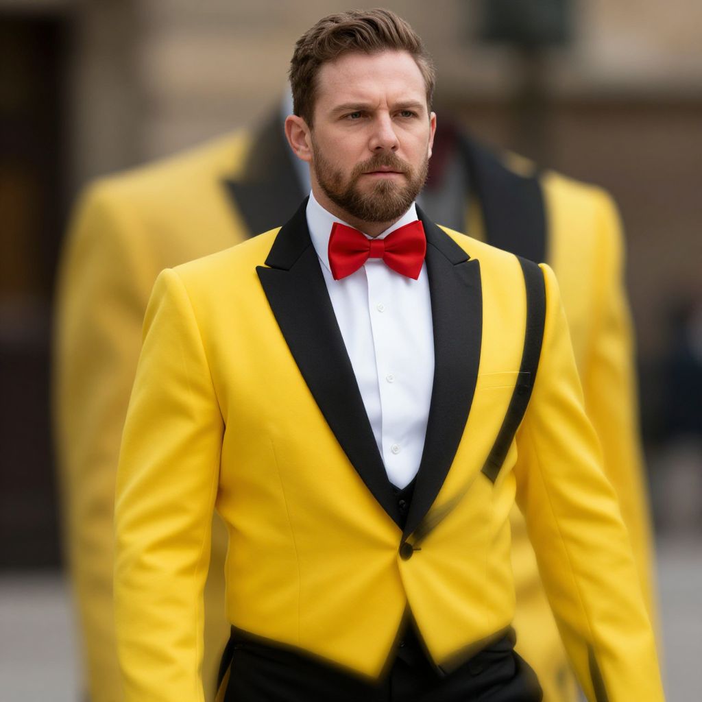 Man in Bright Yellow Tuxedo Jacket with Red Bow Tie
