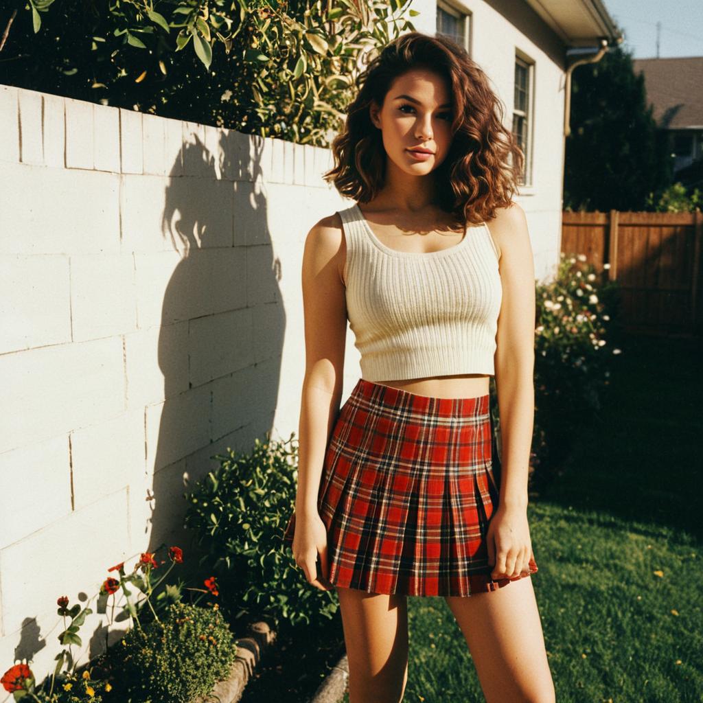 Young Woman in Cream Crop Top and Red Plaid Skirt in Sunlit Garden