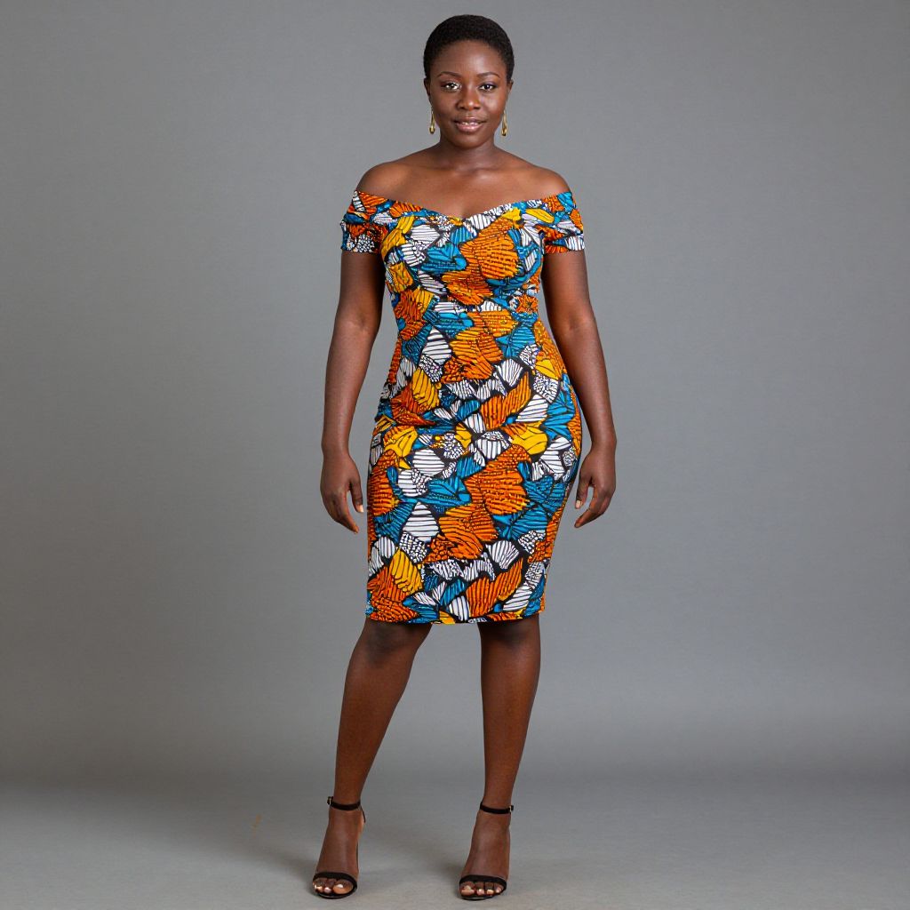 Woman Wearing Colorful African Print Off-Shoulder Dress