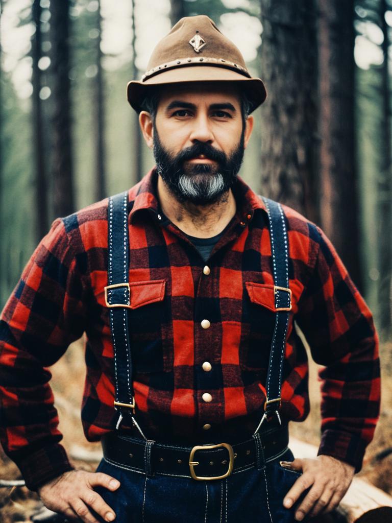 Man in Lumberjack Costume Waist Up Editorial Portrait Photorealistic