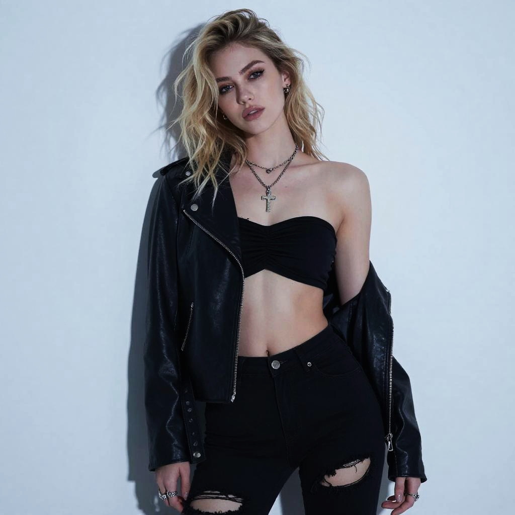 Edgy Gen Z Woman in Black Leather Jacket and Ripped Jeans